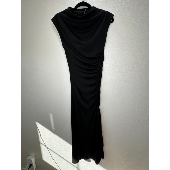 VICI Black Elisabeth Mock Neck Cap Sleeve Side Slit Ruched Midi Dress XS - Picture 4 of 15